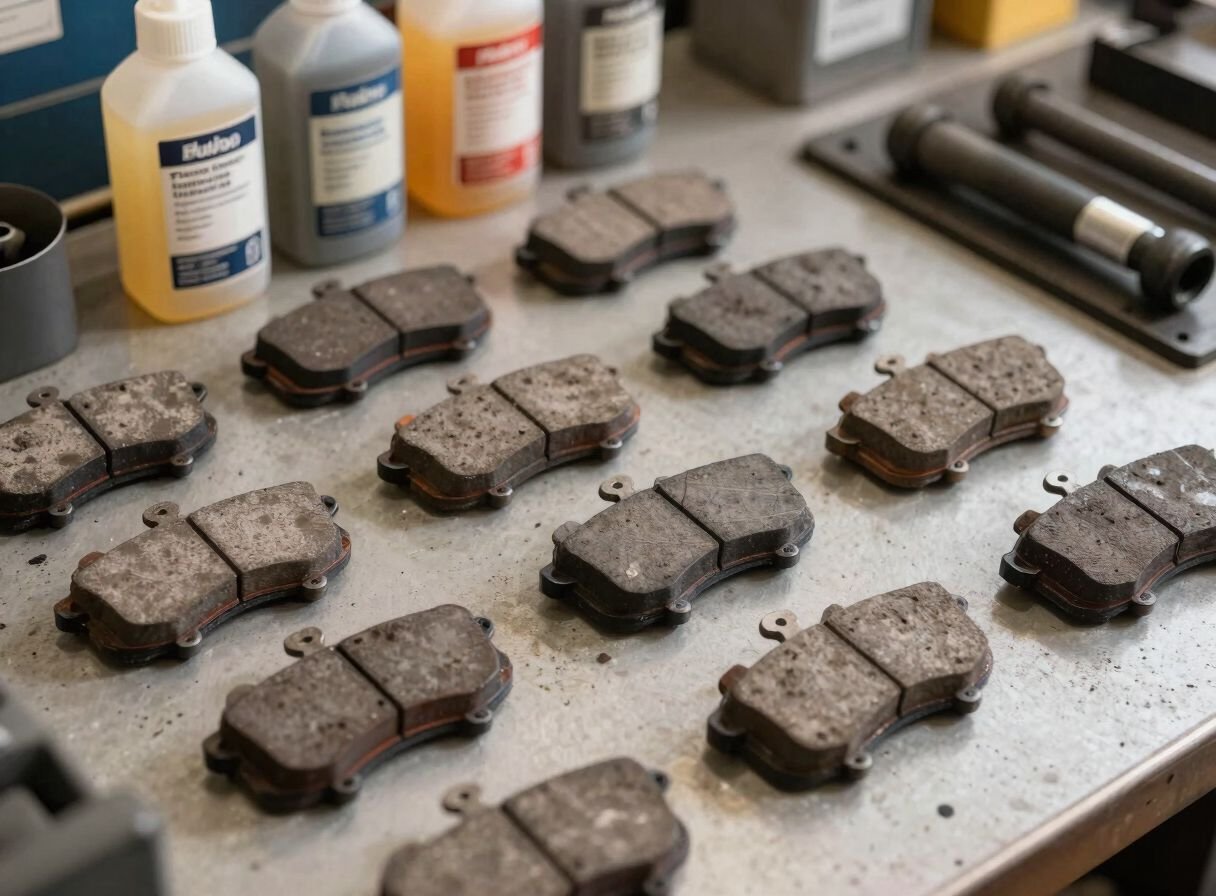 Brake pads laid out on a workshop bench